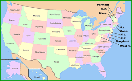 Image Map of United States - choose state from map below or alphabetical list below the map or Country from column on right hand side